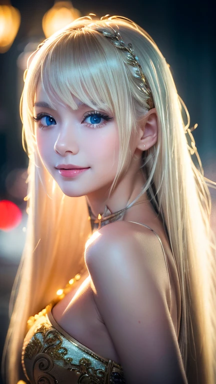 A light smile、night、Live Shooting、(((Portraits of extreme beauty)))、((Glowing Skin))、1 girl、Beautiful 11 year old girl from Prague、((Bright platinum blonde hair))、[blue eyes]、Shiny, glossy skin、Silky super long straight hair、eyeliner、Bangs are long、Hair between the eyes、Dancing Hair、((masterpiece、最high quality、Super detailed、Film Light、Intricate details、High resolution、8K、Very detailed))、Detailed Background、8K UHD、Digital SLR、Soft Light、high quality、Film Grain、Fuji XT3 、Shallow depth of field、Natural light、（hand talk）、Looking up、Droopy eyes、