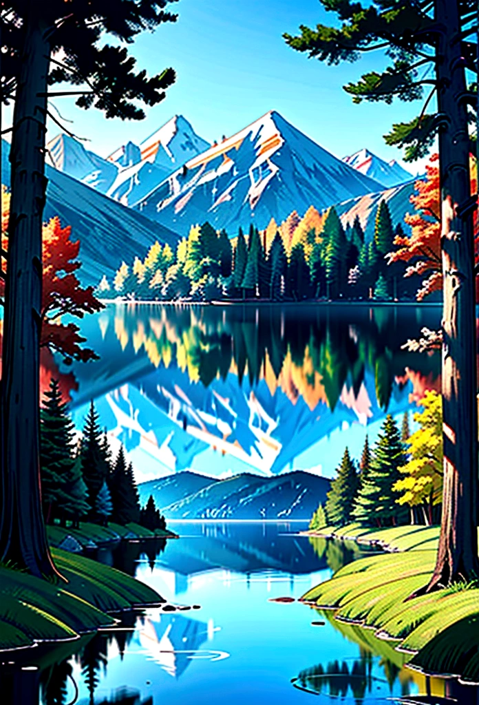 A calm lake surrounded by mountains and trees.