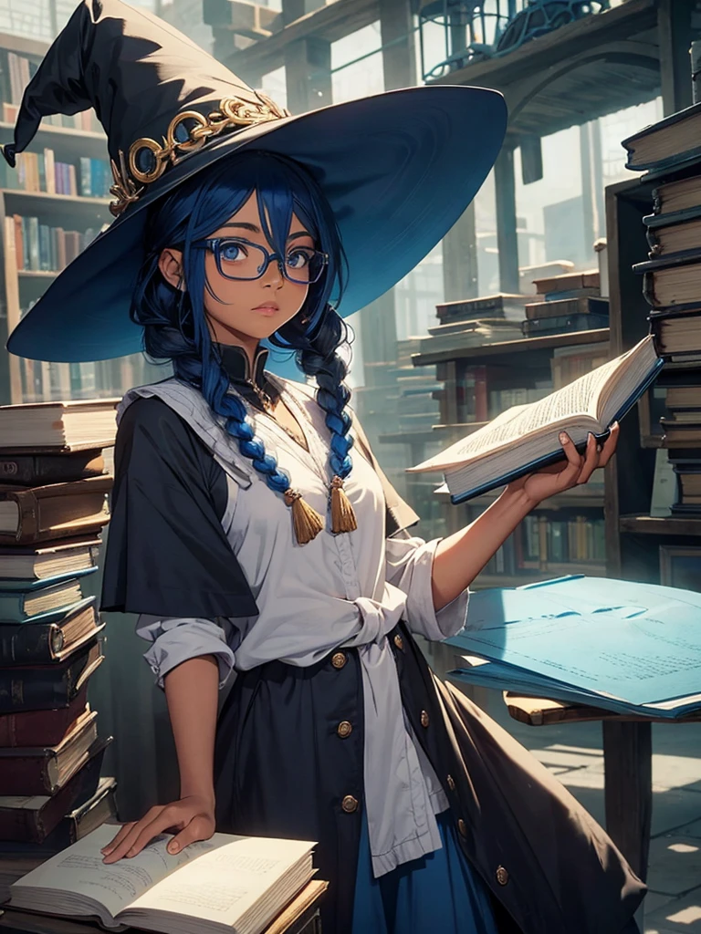 uma garota negra, with blue braids, who wears glasses, carrying books in hands, with manhwa style witch uniform