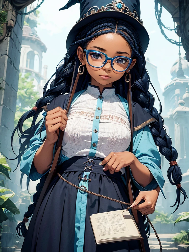 uma garota negra, with blue braids, who wears glasses, carrying books in hands, with manhwa style witch uniform 
