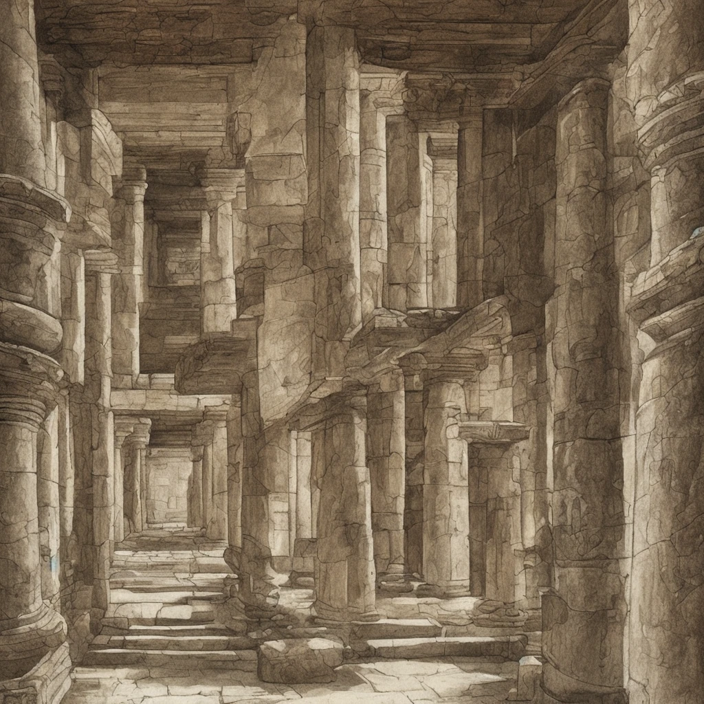 hand drawn image of a flat mossy wall inside an ancient temple
