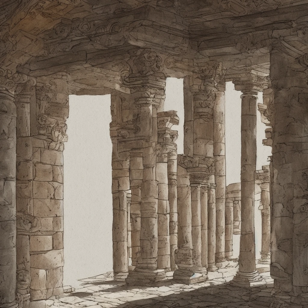 hand drawn image of a flat mossy wall inside an ancient temple