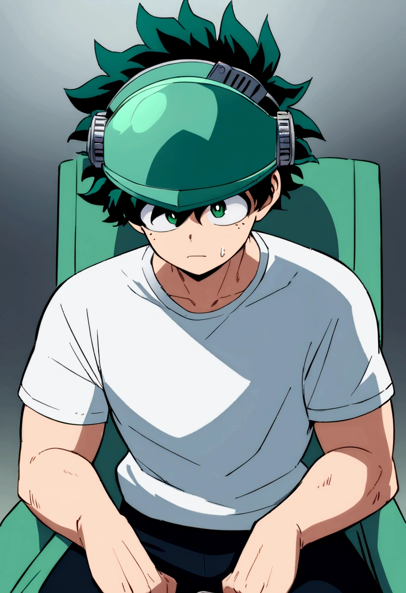 (masterpiece, best quality:1.2), solo, male focus, 1boy, midoriya izuku, short green hair, green eyes, white t-shirt, black shorts, green domed helmet with visor over eyes, mind control device, blank expression, relaxed body posture, sitting in chair, anime style, my hero academia style