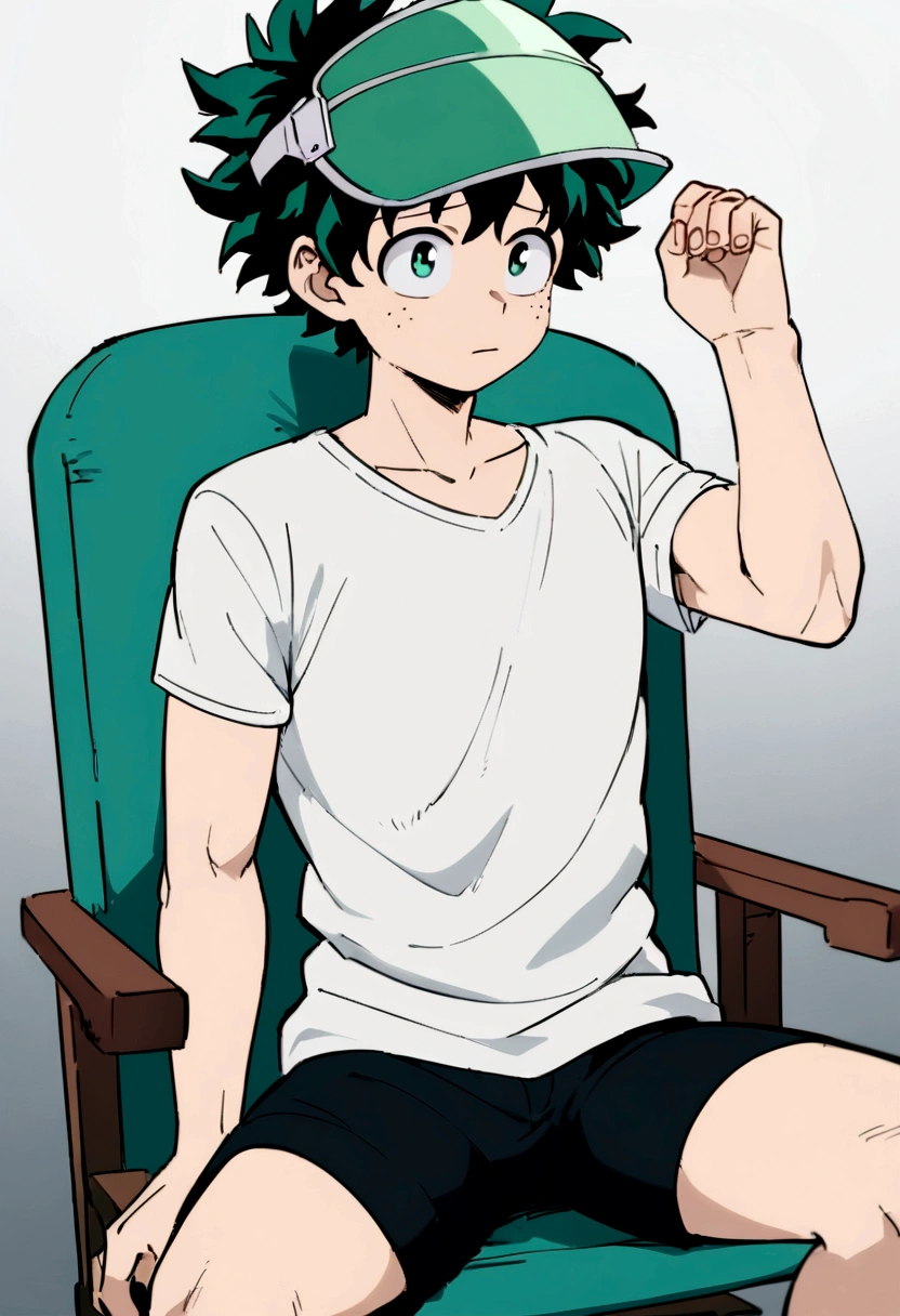 (masterpiece, best quality:1.2), solo, male focus, 1boy, midoriya izuku, short green hair, green eyes, white t-shirt, black shorts, green domed helmet with visor over eyes, mind control device, blank expression, relaxed body posture, sitting in chair, anime style, my hero academia style