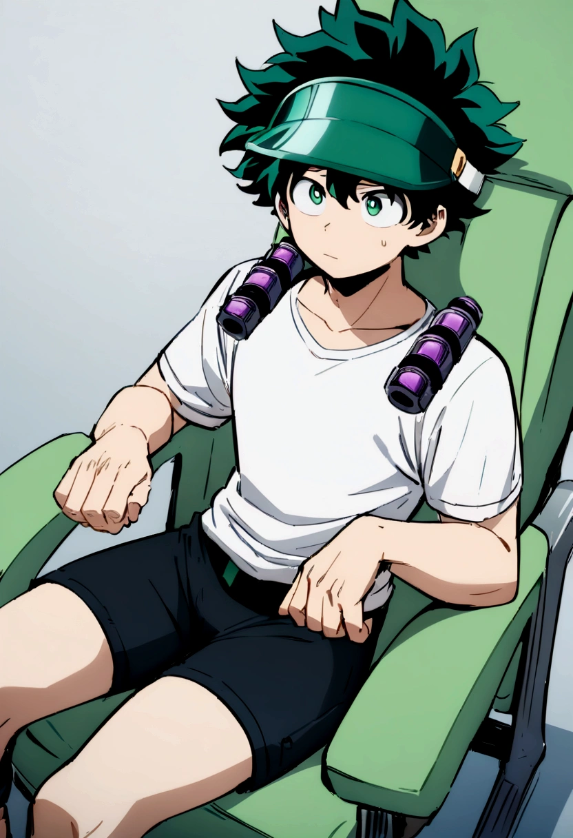 (masterpiece, best quality:1.2), solo, male focus, 1boy, midoriya izuku, short green hair, green eyes, white t-shirt, black shorts, green domed helmet with visor over eyes, mind control device, blank expression, relaxed body posture, sitting in chair, anime style, my hero academia style