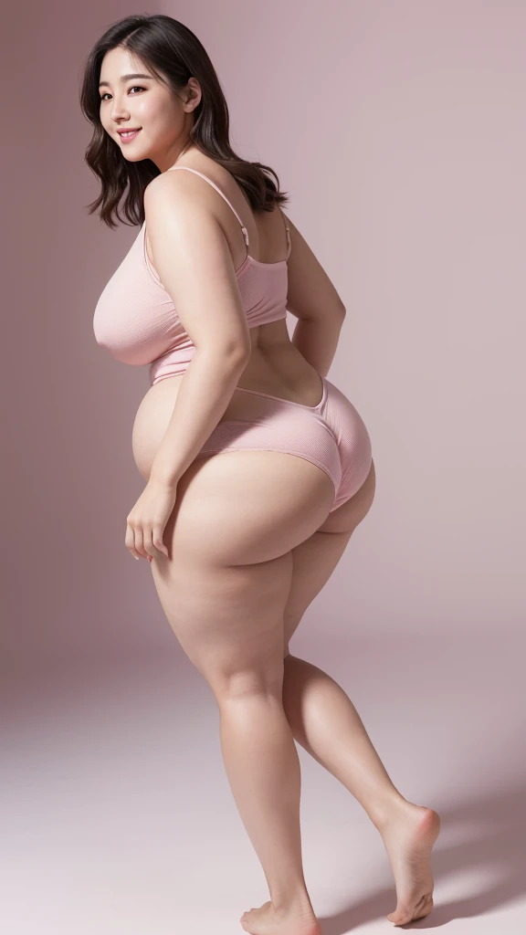 (8k, ultra-high resolution, highest quality, masterpiece:1.2), ultra-realistic, (realistic, photorealistic:1.37), (realistic skin:1.2), ultra-detailed, Canon EOS RP, 8k, Korean mature woman, smiling,（obese）, (((super curvy,))) ((super voluptuous,)) adult model, （walking）, ((full body shot)), thick ankles, (short hair), (empty space), (pale pink background only),