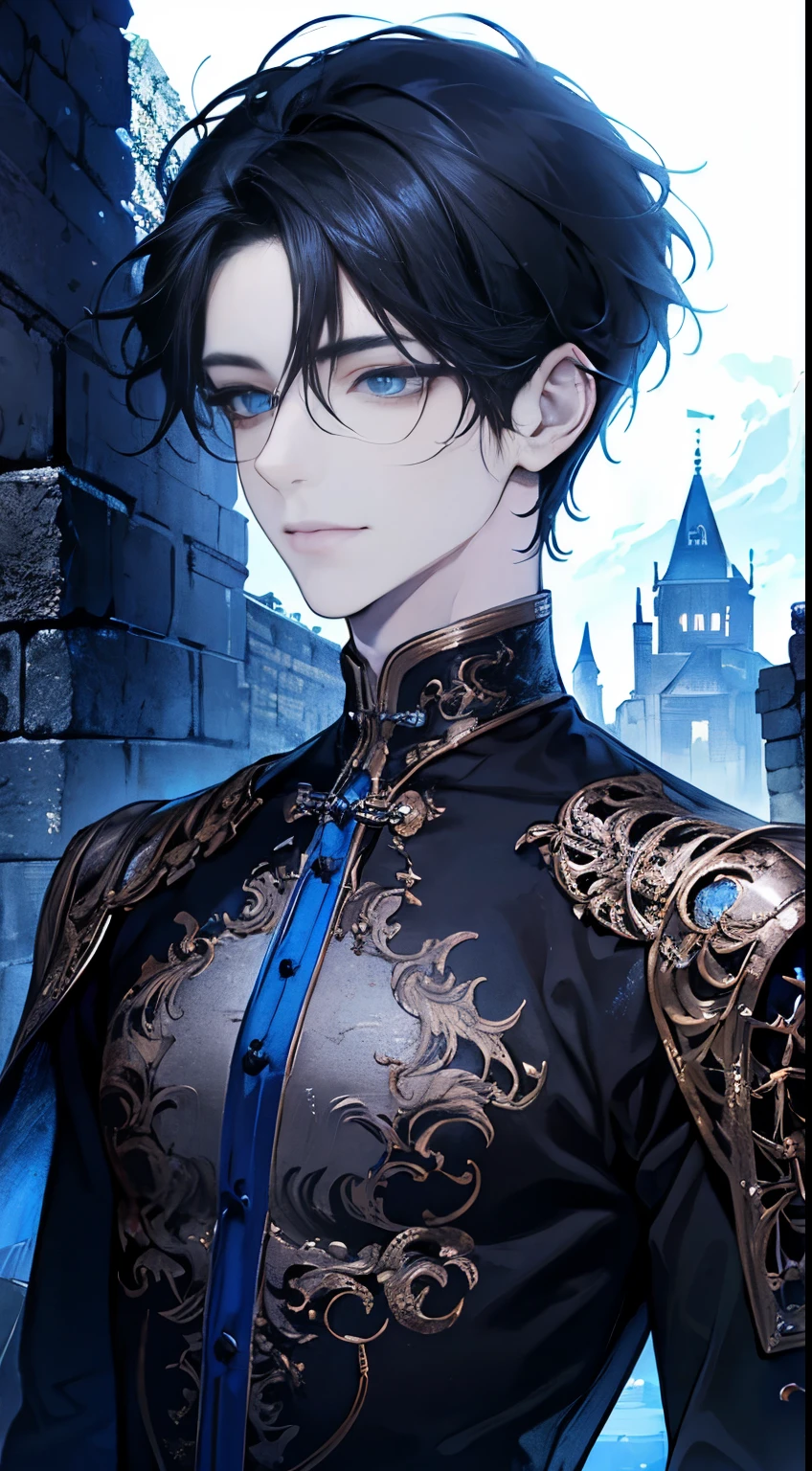 boy,(tmasterpiece,A high resolution,ultra - detailed:1.0),(Perfect male body),Expose the chest, Delicate eyes and delicate face,Extremely detailed CG,Complicated detail,gentle smile,elf ears,Face away from the light source,blue glowing eyes,black hair,(A seductive smile), solo person, full bodyesbian, Detailed background, Detailed face, (Medieval Gothic theme:1.1), Dynamic pose, (Sexy menswear, sexy silk clothes, Gothic style clothing),medieval clothing, dark castle,Castle background,a medieval castle,sportrait