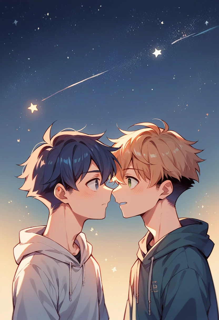 Two young men looking at each other in front of the stars, without much lighting and making it clear that it is night, anime style