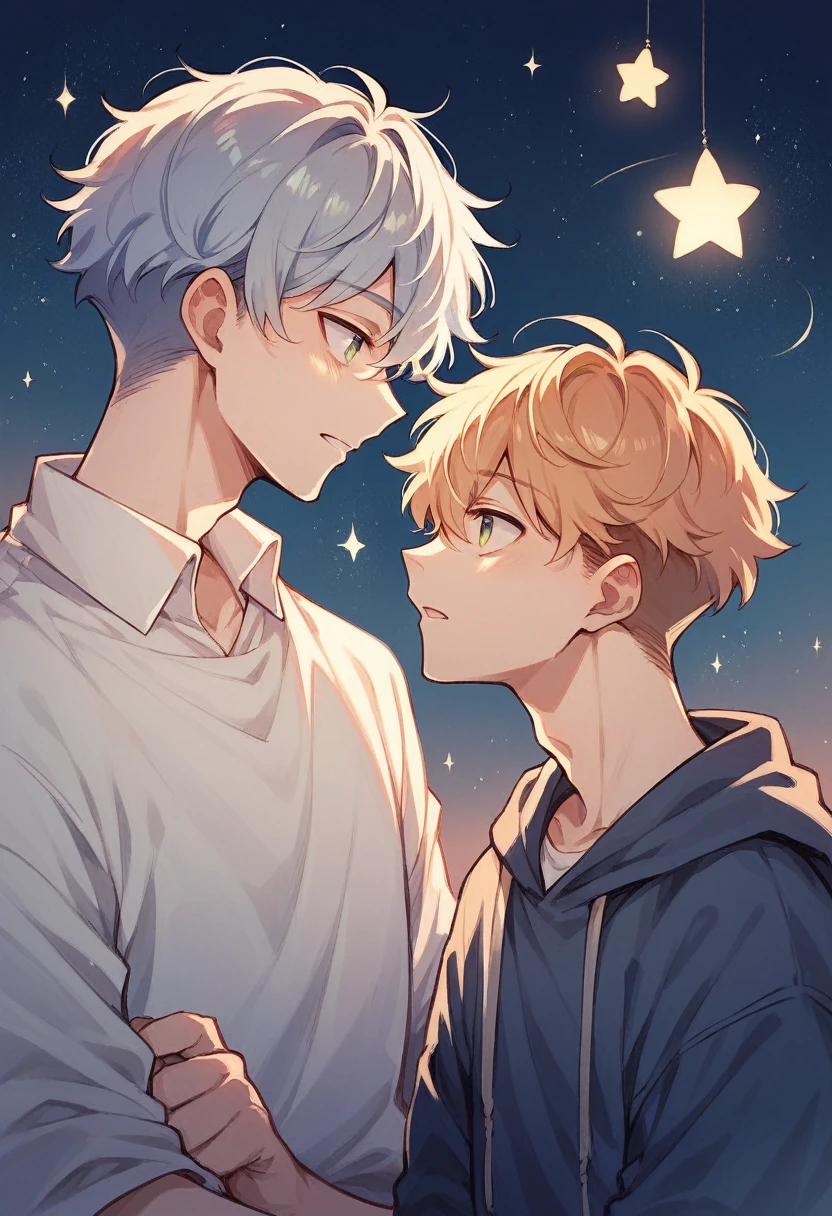 Two young men looking at each other in front of the stars, without much lighting and making it clear that it is night, anime style