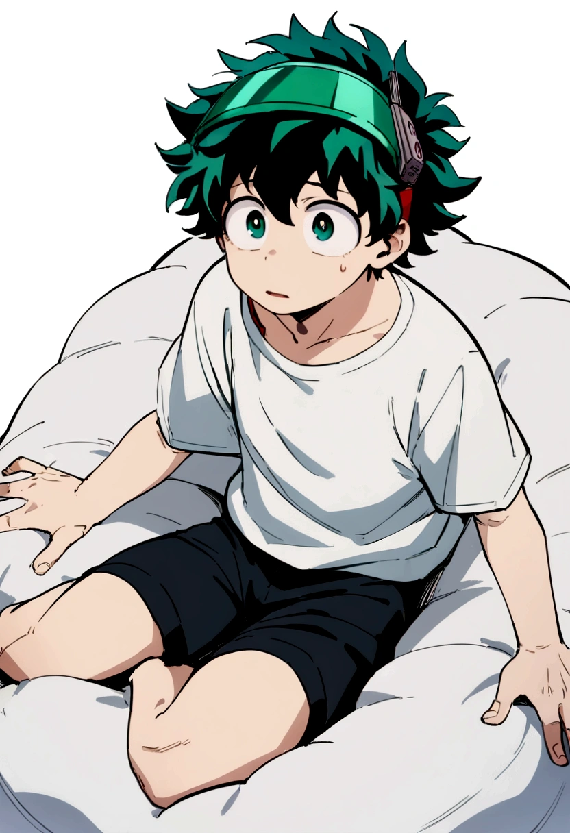 (masterpiece, best quality:1.2), solo, male focus, 1boy, midoriya izuku, short green hair, green eyes, white t-shirt, black shorts, green domed helmet with visor over eyes, mind control device, blank expression, mouth hanging open, sitting in bean bag, anime style, my hero academia style
