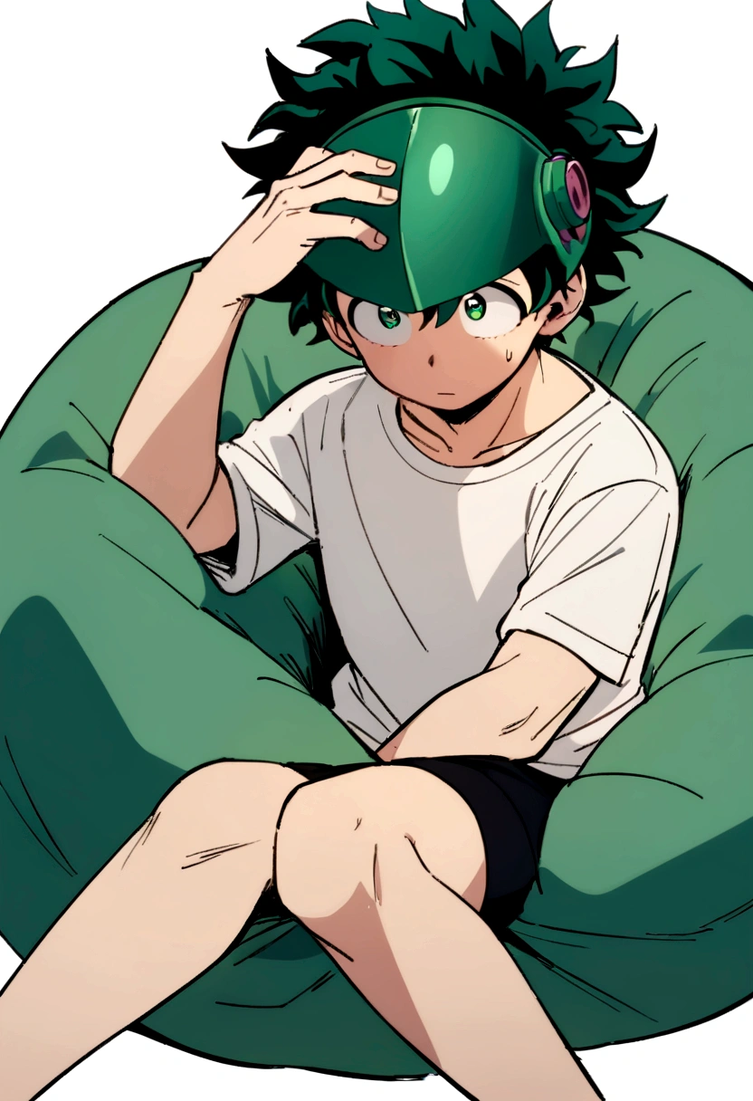 (masterpiece, best quality:1.2), solo, male focus, 1boy, midoriya izuku, short green hair, green eyes, white t-shirt, black shorts, green domed helmet with visor over eyes, mind control device, blank expression, mouth hanging open, sitting in bean bag, anime style, my hero academia style
