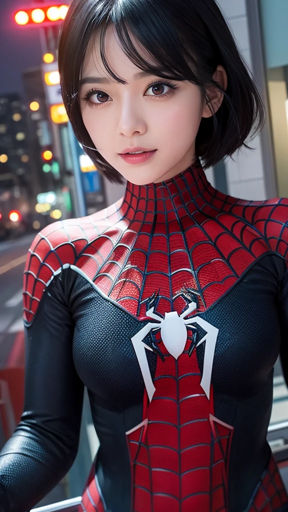 A black-haired beauty transformed into Spider-Man faces each other on top of Tokyo Tower