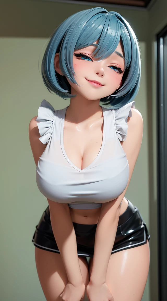 (masterpiece:1.3), (Best Quality:1.3), (Ultra-detailed:1.2), ((kawaii)), Cute, (lovely), ((sexy)), ((Extremely detailed)), 4K, (8K), Best Quality, (Beautiful), Illustration, anime style, (bold line:1.2), Gradation, looking at viewer, //, (bent down:1.1), (arms behind back), //, a cute girl, 1girl, (solo:1.2), gleaming skin, //, (huge breasts), (Perfect eyes:1.2), (Perfect iris:1.2), //, Bob cut hair style, Mint green hair color, (beautiful eyes) //, (half closed eyes:1.3), (sexual expression:1.2), Fascinated expression, smile, (blush:1.2), //, , Emphasizing cleavage, (down blouse), mini Skirt to see underwear, //, Old storage room of the school gymnasium, shadows of sports equipment on the wall