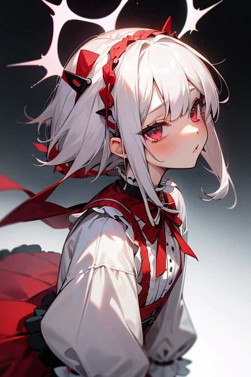 Short white hair, blush, Gothic ta、Punk Fashion、Headbang 2.、White and red clothes、Braiding、2 hair clips、