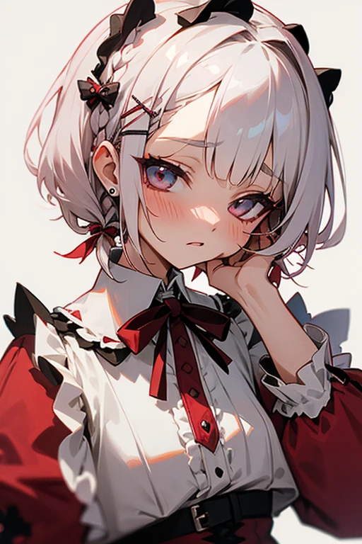 Short white hair, blush, Gothic Lolita、Punk Fashion、Headbang 2.、White and red clothes、Braiding、2 hair clips、