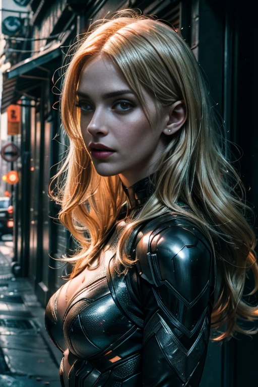 Create an ultra-detailed, high-quality CG illustration of a blonde superhero hiding in a dark, abandoned alley. The image should be a close-up headshot, featuring her in a full-body superhero suit. She has long, straight blonde hair and a slender face with smooth skin, no acne or freckles. The setting is moody and foreboding, illuminated by cinematic lighting techniques such as lens flare and ray tracing, enhancing the realism and depth of field. The image is to be captured as if using a Sony A7R IV with an 85mm lens, aiming for a realistic 8K UHD resolution. The superhero suit is marvel-themed, with intricate details and a medium breast size. The texture should be highly detailed, reflecting high-quality shadows and soft lighting akin to professional photography with a 150mm lens, complete with film grain to give a cinematic feel