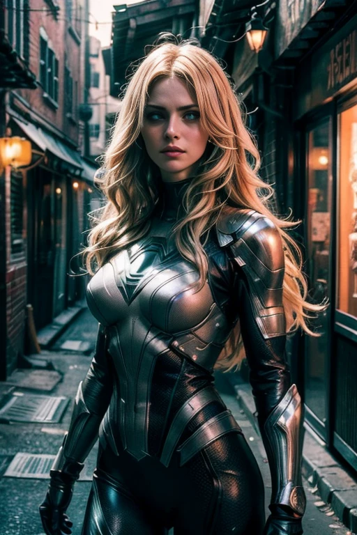 Create an ultra-detailed, high-quality CG illustration of a blonde superhero hiding in a dark, abandoned alley. The image should be a close-up headshot, featuring her in a full-body superhero suit. She has long, straight blonde hair and a slender face with smooth skin, no acne or freckles. The setting is moody and foreboding, illuminated by cinematic lighting techniques such as lens flare and ray tracing, enhancing the realism and depth of field. The image is to be captured as if using a Sony A7R IV with an 85mm lens, aiming for a realistic 8K UHD resolution. The superhero suit is marvel-themed, with intricate details and a medium breast size. The texture should be highly detailed, reflecting high-quality shadows and soft lighting akin to professional photography with a 150mm lens, complete with film grain to give a cinematic feel
