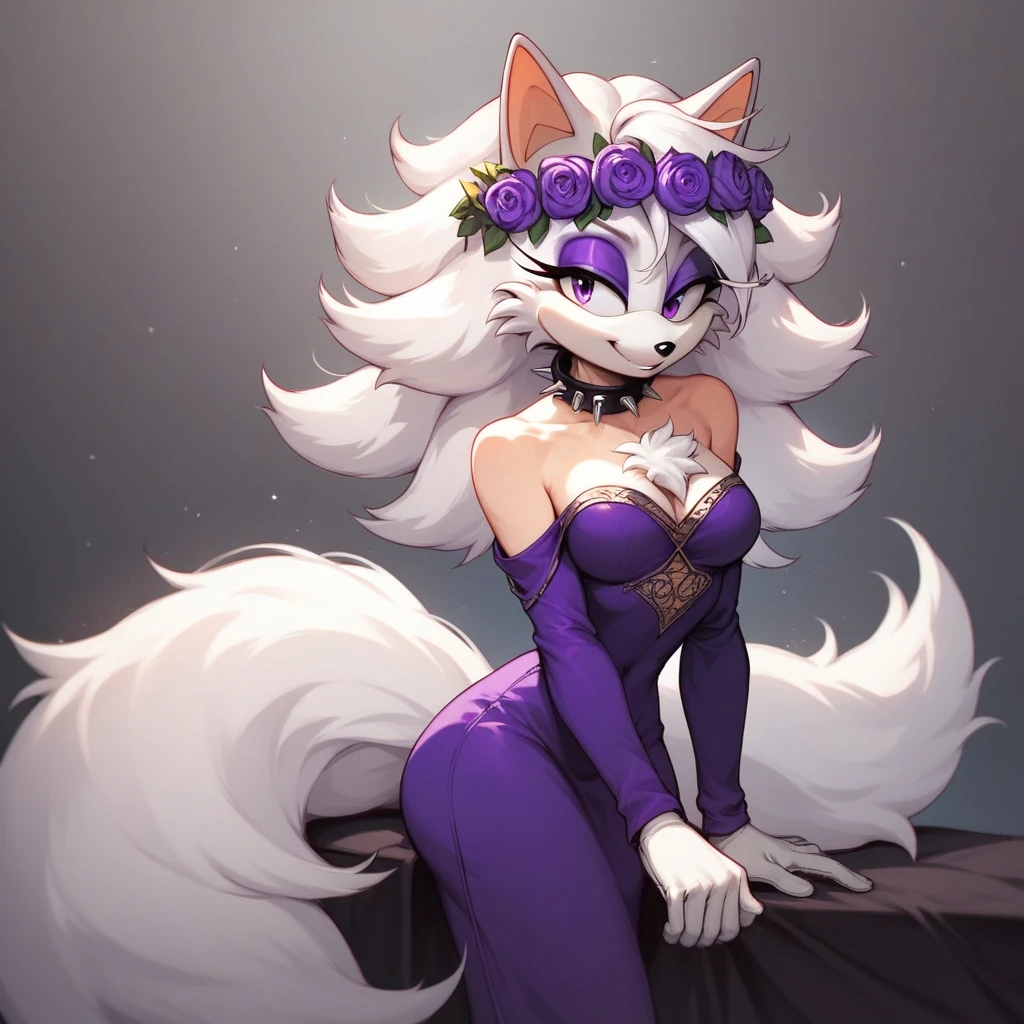 (score_9, score_8_up, 2d), sonic (series), anthro wolf girl, female, athletic body, white hair, fluffy hair, white body fur, chest fluff, long tail, fluffy tail, white muzzle, bangs, purple eyes, purple eyeshadow, oval eyes, medium breasts, purple japanese dress, long sleeves, bare shoulders, purple flower crown, spiked collar, smile.