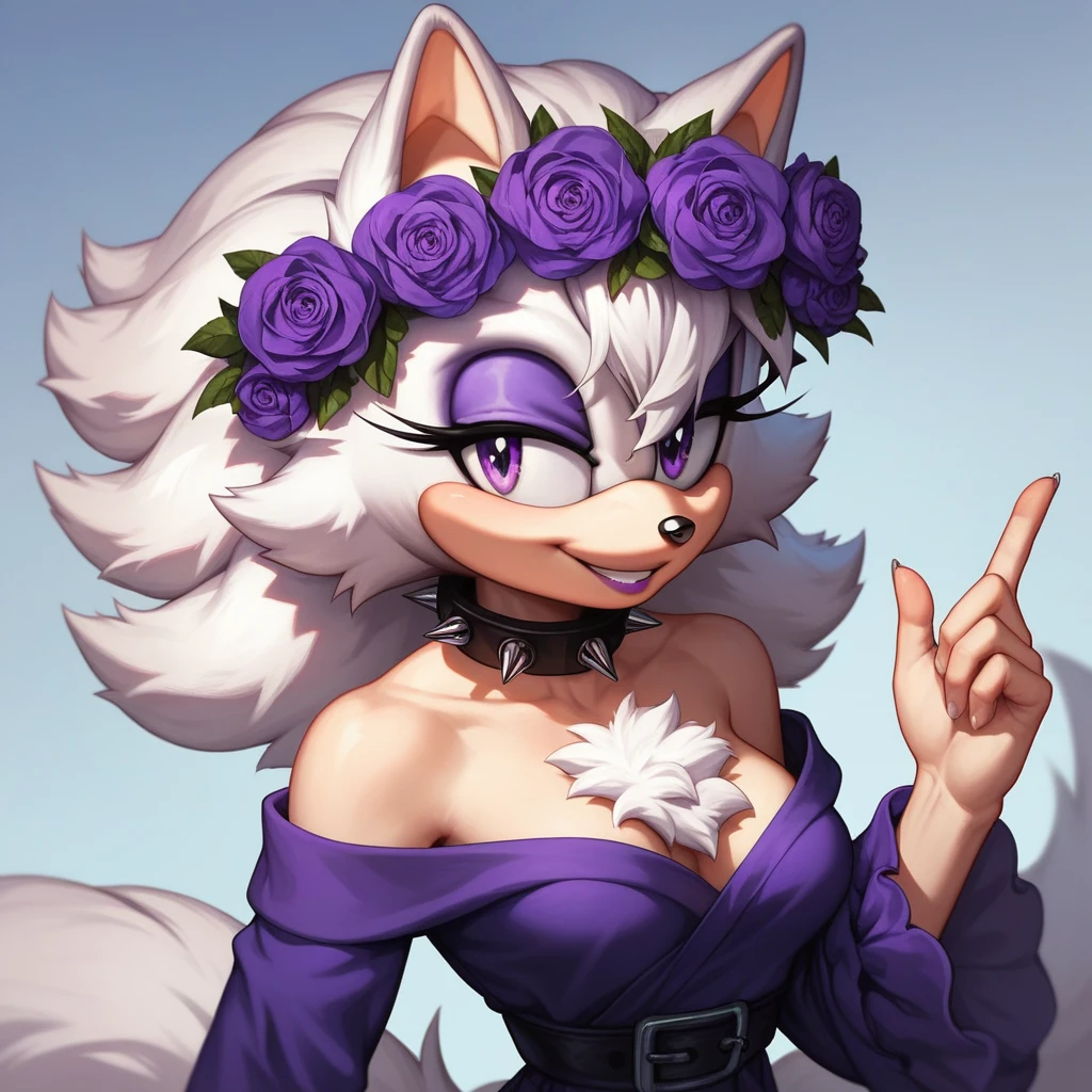 (score_9, score_8_up, 2d), sonic (series), anthro wolf girl, female, athletic body, white hair, fluffy hair, white body fur, chest fluff, long tail, fluffy tail, white muzzle, bangs, purple eyes, purple eyeshadow, oval eyes, medium breasts, purple japanese dress, long sleeves, bare shoulders, purple flower crown, spiked collar, smile.