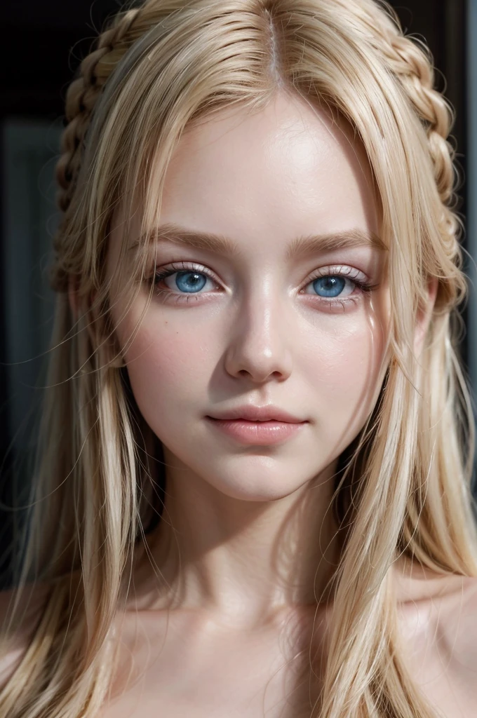 Soft portrait of a beautiful blonde woman, flowing golden hair, captivating blue eyes, delicate features, radiant smile, natural makeup, elegant attire, gentle expression, subtle blush, warm skin tones, ethereal lighting, soft shadows, high-resolution digital painting, realistic style, artistic interpretation, by a skilled portrait artist, ArtStation showcase.