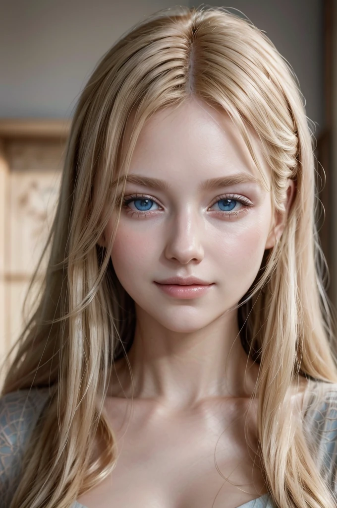Soft portrait of a beautiful blonde woman, flowing golden hair, captivating blue eyes, delicate features, radiant smile, natural makeup, elegant attire, gentle expression, subtle blush, warm skin tones, ethereal lighting, soft shadows, high-resolution digital painting, realistic style, artistic interpretation, by a skilled portrait artist, ArtStation showcase.