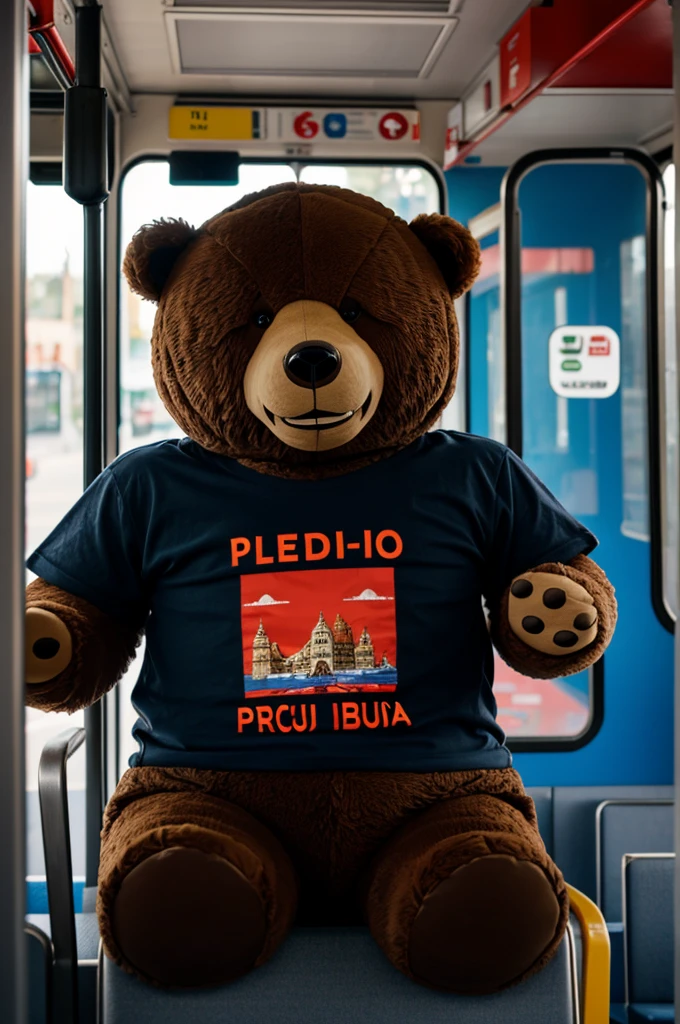 Animatronic humanoid bear with a t-shirt that says I love Peru on a bus