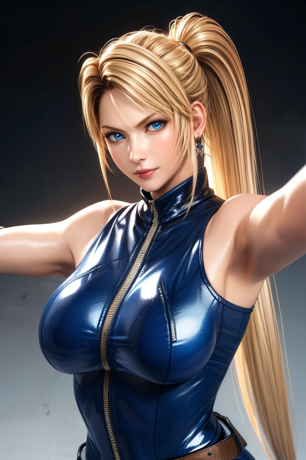 Sarah, blue eyes, very long hair, (shiny skin:1.2), blonde hair, high ponytail, floating hair, bodysuit, Shoulders exposed, (arms exposed:1.2), (medium breasts:1.3), (pushed up breasts:0.4), (curvy figure:0.7), (tight blue bodysuit:1.1), belt ,sleeveless, zipper, boots, high heels, earrings, fingerless gloves, BREAK masterpiece, 1 girl, RAW photo, (best quality:1.2), extremely delicate beautiful, very detailed, 2k wallpaper, amazing, fine details, extremely detailed CG Unity 8k wallpaper, super detailed, high resolution, (beautiful detailed girl:1.2), perfect anatomy, (shiny clothes:0.6), (big smile expression:1.2), (upper body:1.4), (Realistic, Photorealistic:1.0), (thin nose:1.2), (breast focus:1.3), high nose bridge, (blue clothes:1.2), fighting pose, (crossed arms:1.1)
