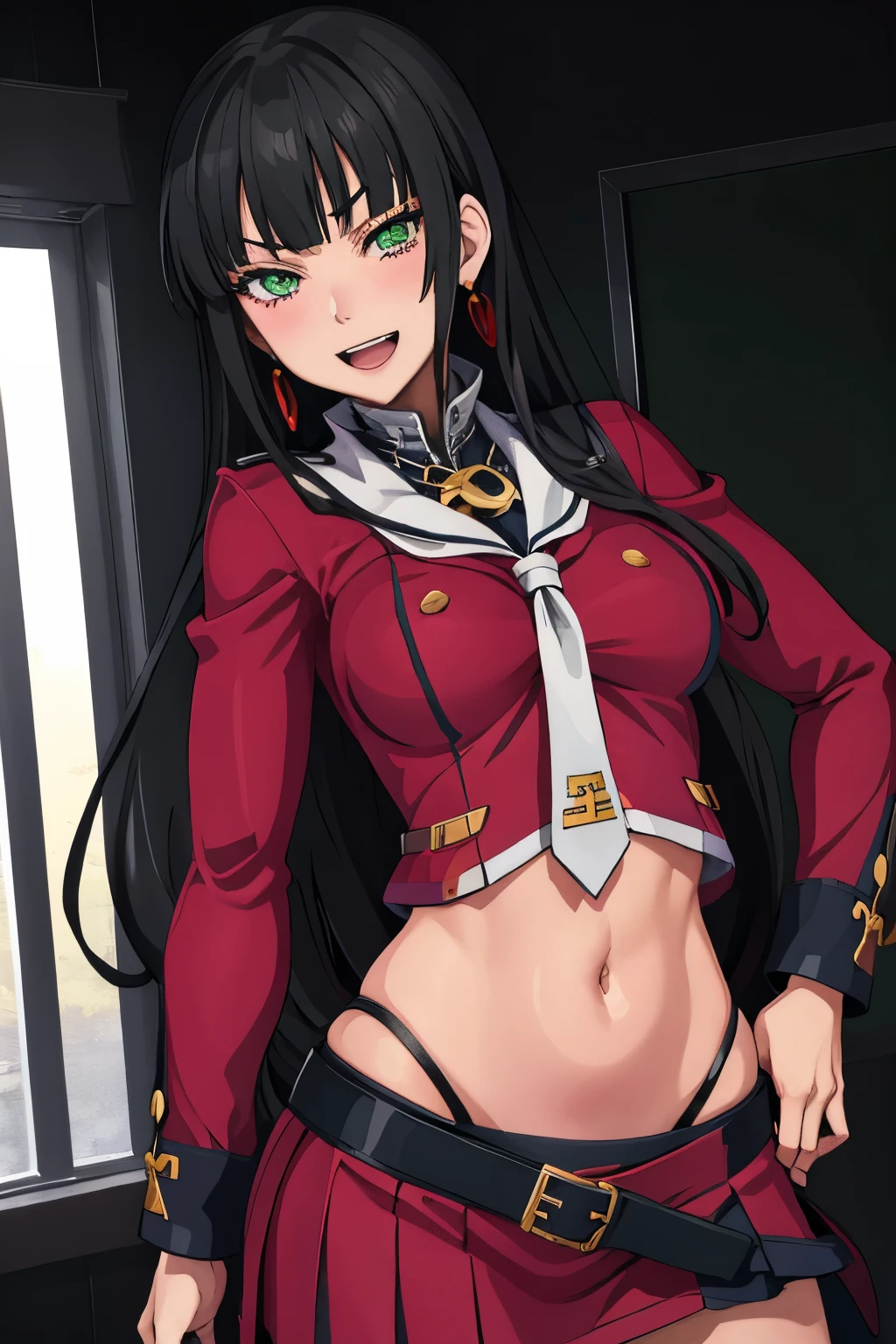  (1girl), (solo), 
Kilika Rouran, black hair, long hair, blunt bangs, hime cut, green eyes, medium breasts, jewelry, earrings, 
blush, lipstick, masterpiece, best quality, highly detailed, a anime girls in sailor uniforms with a gun posing for a picture,
evil smile, smile, open mouth,black_serafuku, ecchi anime style, anime girls , (nsfw) not safe for work,
ecchi style, ecchi, shipgirls, digital anime art!!, high school girls, holding a gun, hold a gun, anime style 4
k, micro skirt, exposed belly, exposed navel, exposed midriff,
exposed lower belly,school, classroom