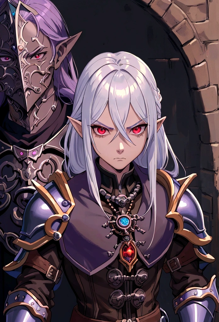((best quality)), ((masterpiece)), (detailed), ((boy)),, (dungeonpunk), (steampunk), half-drow, portrait, red eyes, long white hair, Xemnas from Kingdom Hearts, half-drow, brown skin with a purple hue, (full knight armor), paladin, serious faces, by Kinema Citrus