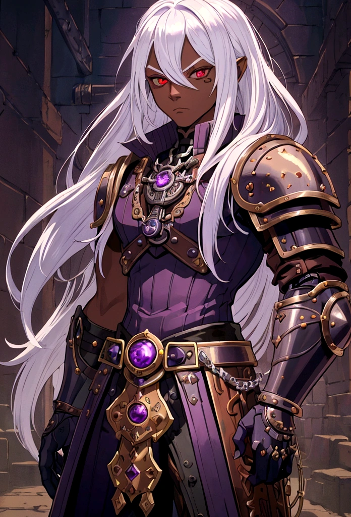 ((best quality)), ((masterpiece)), (detailed), ((boy)),, (dungeonpunk), (steampunk), half-drow, portrait, red eyes, long white hair, Xemnas from Kingdom Hearts, half-drow, brown skin with a purple hue, (full knight armor), paladin, serious faces, by Kinema Citrus