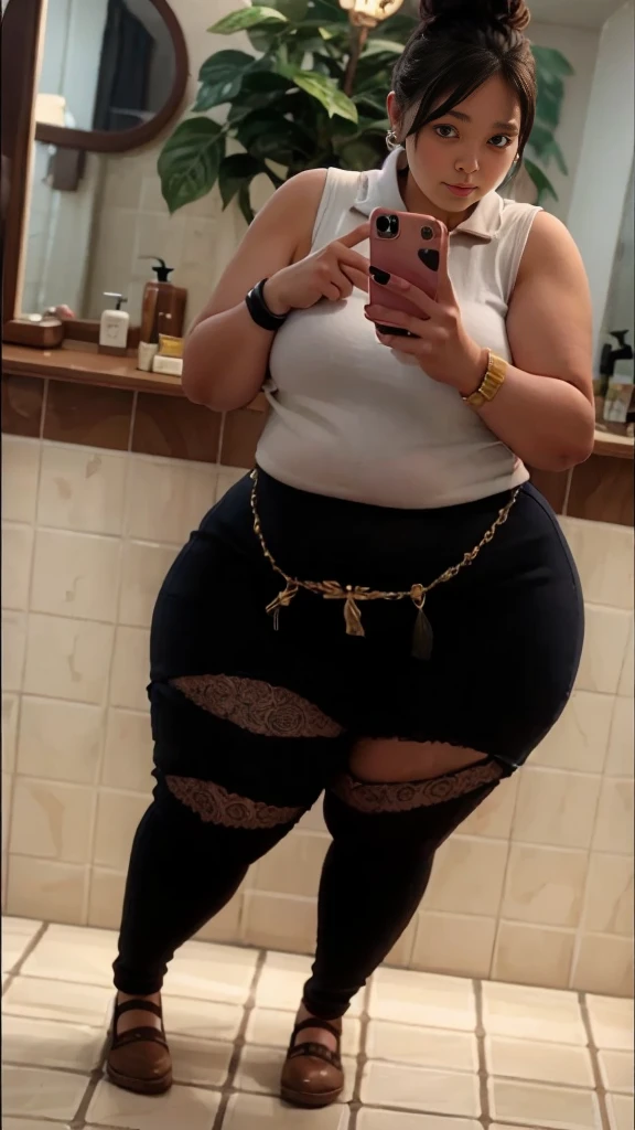 A large, round, curvy woman taking a selfie in a mirror in a bathroom, her pregnant belly exposed, 23 years old, medium shot, 30 year old woman, 28 years old, 22 years, detailed facial features, beautiful eyes, lush lips, long eyelashes, realistic, photorealistic, ultra-detailed, 8k, masterpiece, digital art, oil painting, cinematic lighting, warm color tones, glowing skin, soft focus, intricate details
