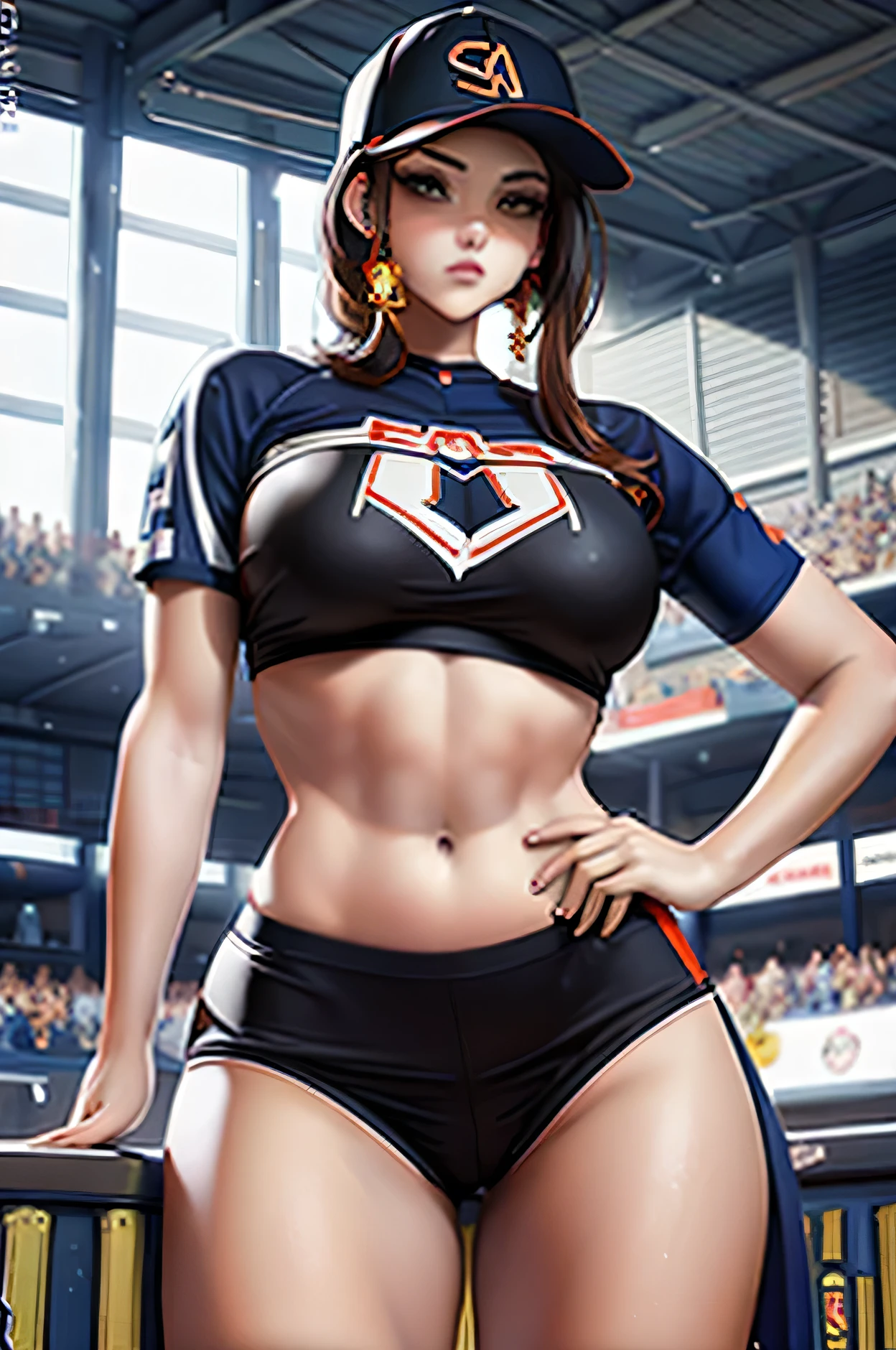 masterpiece, best-quality, ultra_detailed, a beautiful woman wearing seductive baseball attire, cropped baseball jersey, black baseball booty shorts, ample curvaceous, highly detailed face, ample hips, insanely detailed accentuated big booty with phenomenal detailed booty cheeks, cameltoe, attractive thick thighs, highest quality, street art, in the style of Greg Manchess, hyperrealistic, smooth, sharp focus, baseball arena