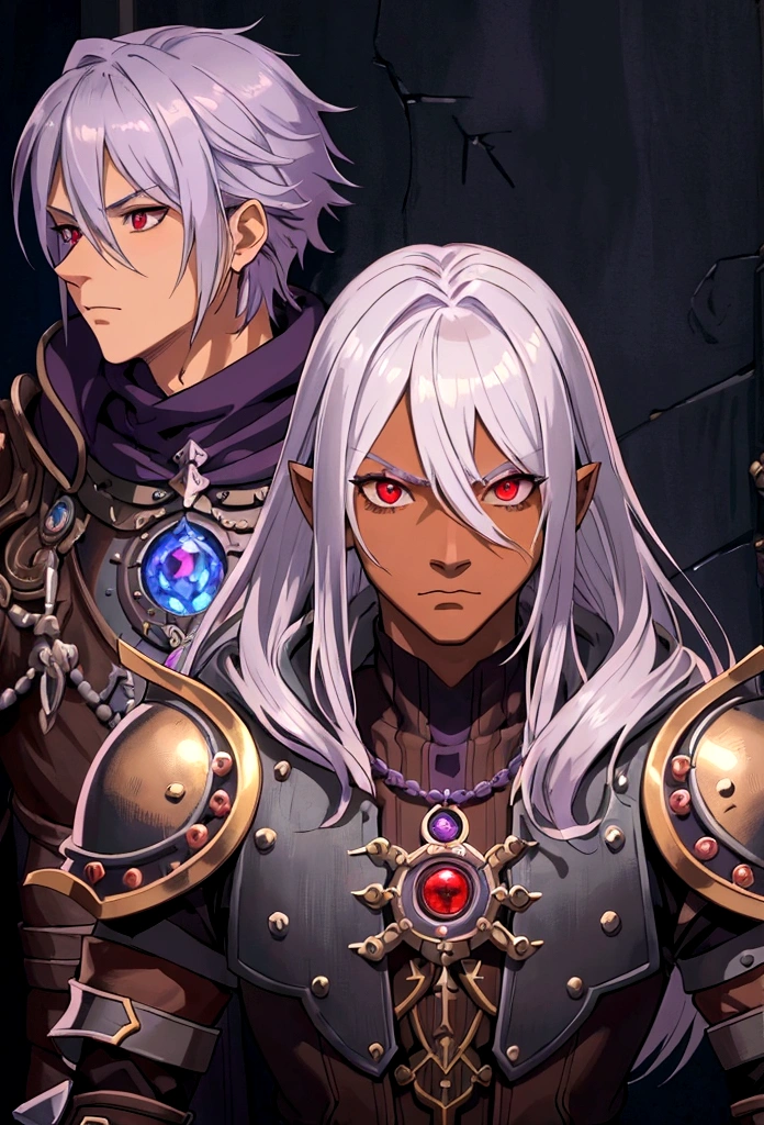 ((best quality)), ((masterpiece)), (detailed), ((boy)),, (dungeonpunk), (steampunk), half-drow, portrait, red eyes, long white hair, Xemnas from Kingdom Hearts, half-drow, brown skin with a purple hue, (full knight armor), paladin, serious faces, by Kinema Citrus