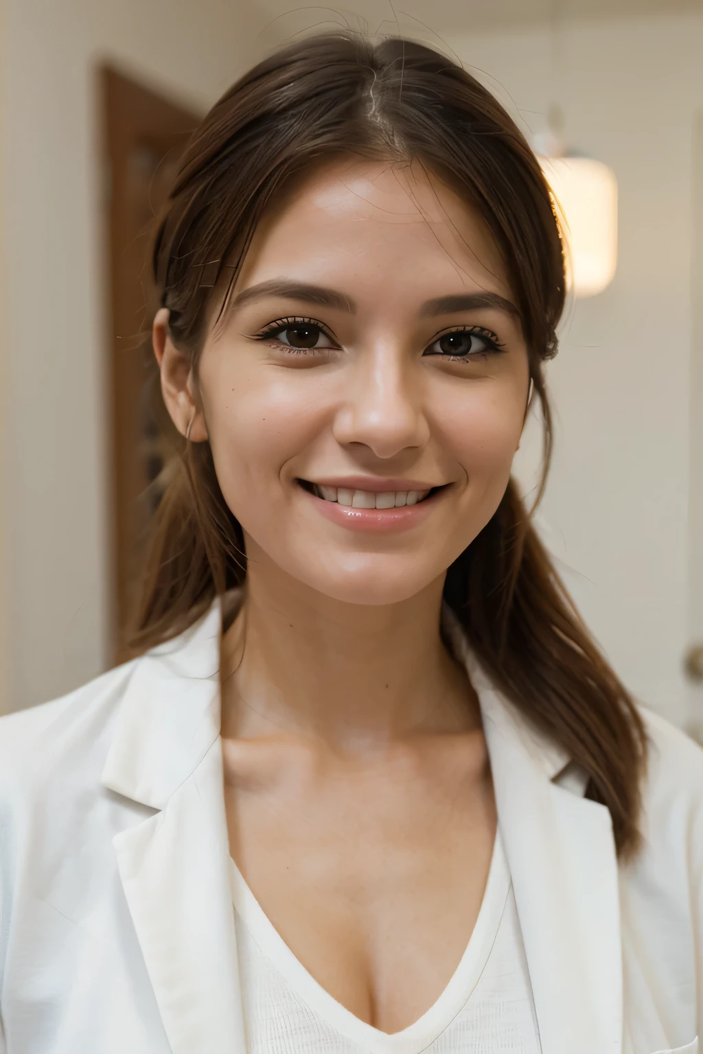portrait, volumetric lighting, 50mm lens, closeup shot, a normal woman smiling, nutritionist, white coat