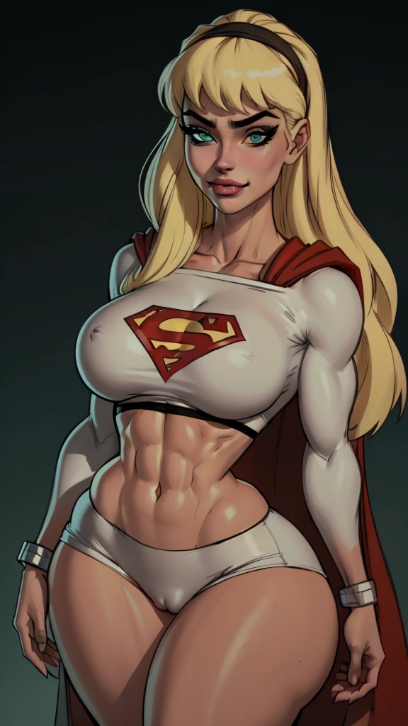 WITH YOUR BACK TO THE CAMERA,((ultra quality)), ((masterpiece)), supes, cute smile, smile, ((long blonde hair)), (Beautiful face), (beautiful female lips), (), charming, ((sexy facial expression)), (white skin color), (white skin), glare on the body, ((detailed beautiful female eyes)), ((dark brown eyes)), (juicy female lips), (dark eyeliner), (crop top, midriff,cape headband), wide eyebrows, slanted green eyes, makeup eyelids, big cheekbones, thin cheeks, defined jaw, (beautiful female hands), ((ideal female figure)), ideal female body, beautiful waist, gorgeous thighs, beautiful huge breasts, cleavage,((subtle and beautiful)), sexy worth
