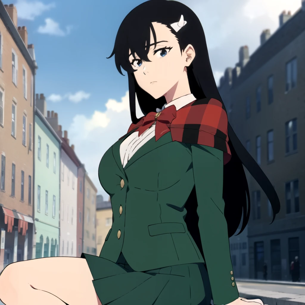 noel, 1girl, solo, breasts, looking at viewer, bangs, skirt, shirt, hair ornament, long sleeves, bow, hair between eyes, sitting, closed mouth,cleavage , jacket, white shirt, pleated skirt, outdoors, sky, day, socks, striped, cloud, miniskirt, bowtie, red bow, capelet, arm support, green skirt, building, red bowtie, rain, green jacket, city
