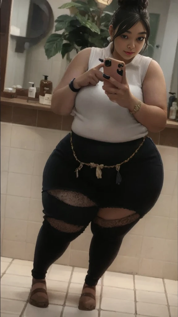 A large, round, curvy woman taking a selfie in a mirror in a bathroom, her pregnant belly exposed, 23 years old, medium shot, 30 year old woman, 28 years old, 22 years, detailed facial features, beautiful eyes, lush lips, long eyelashes, realistic, photorealistic, ultra-detailed, 8k, masterpiece, digital art, oil painting, cinematic lighting, warm color tones, glowing skin, soft focus, intricate details