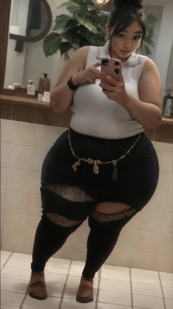 A large, round, curvy woman taking a selfie in a mirror in a bathroom, her pregnant belly exposed, 23 years old, medium shot, 30 year old woman, 28 years old, 22 years, detailed facial features, beautiful eyes, lush lips, long eyelashes, realistic, photorealistic, ultra-detailed, 8k, masterpiece, digital art, oil painting, cinematic lighting, warm color tones, glowing skin, soft focus, intricate details