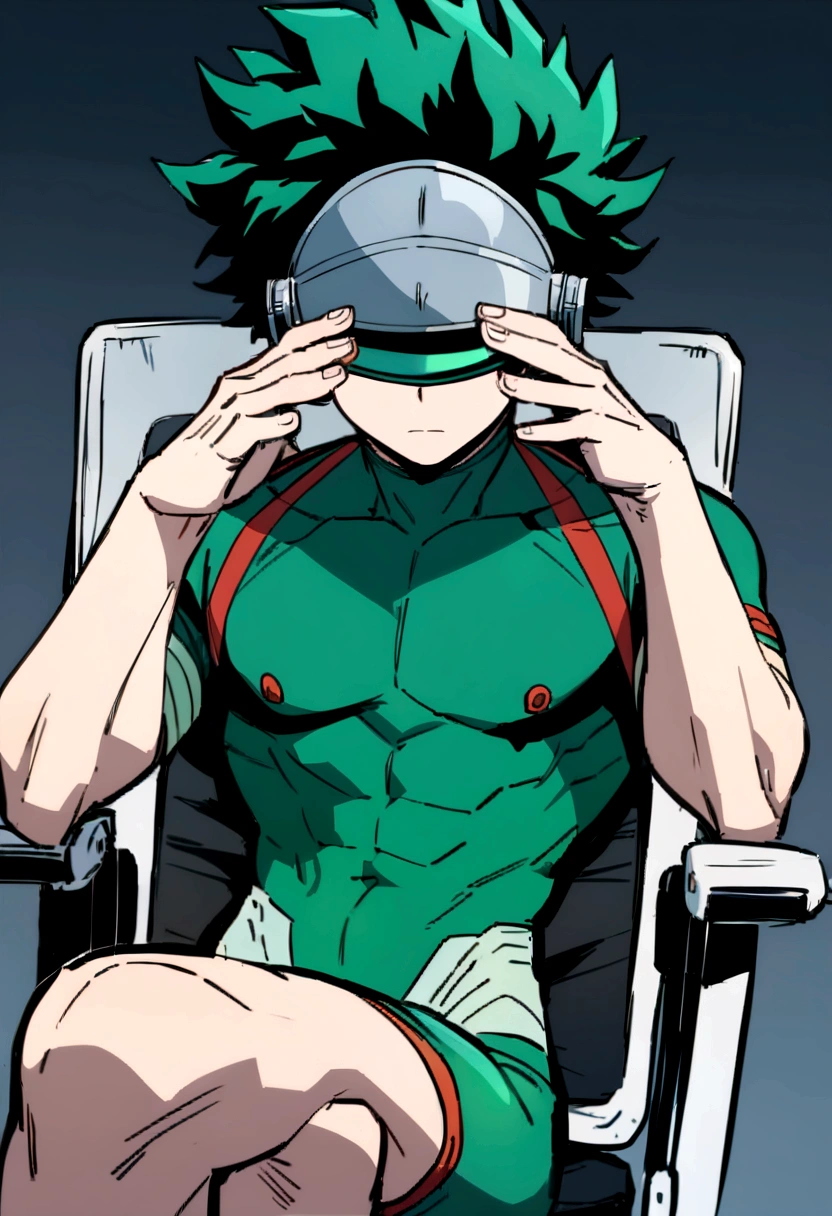 (masterpiece, best quality:1.2), solo, male focus, 1boy, midoriya izuku, short green hair, green eyes, wearing only green underwear, teenager, toned slender body, domed helmet with visor covering eyes, mind control device, blank expression, relaxed body posture, sitting in chair, anime style, my hero academia style