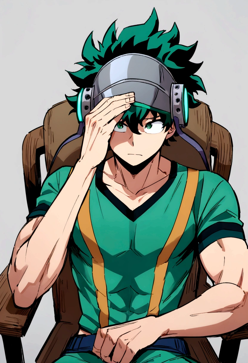 (masterpiece, best quality:1.2), solo, male focus, 1boy, midoriya izuku, short green hair, green eyes, wearing only green underwear, teenager, toned slender body, domed helmet with visor covering eyes, mind control device, blank expression, relaxed body posture, sitting in chair, anime style, my hero academia style