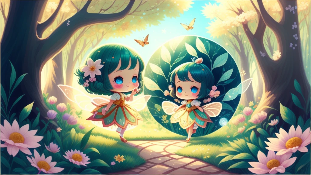 Dreamy garden, trees, flowers, Cute s, light colors hair, blue eyes, gossamer,illustration, A masterpiece in bright light, stunning art! The art of magic, fairy tale artwork, inspiring art, exquisite artwork high quality、In a beautiful forest、playing、Fun、Open your mouth、smile、One fairy dances in the center、Three fairies dancing in a circle