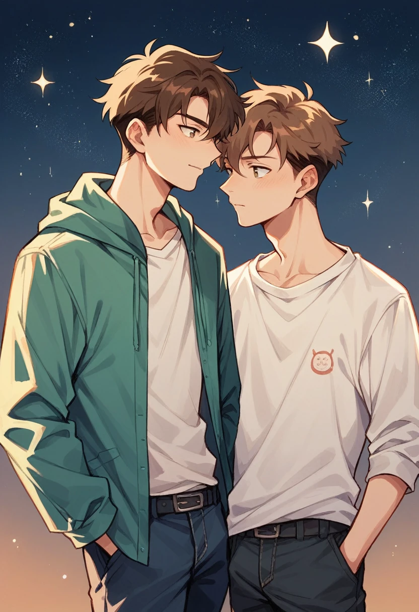 Two young men approximately twenty years old looking at each other in front of the stars, without much lighting and making it clear that it is night, anime style. They both have brown hair, innocent and pure look
