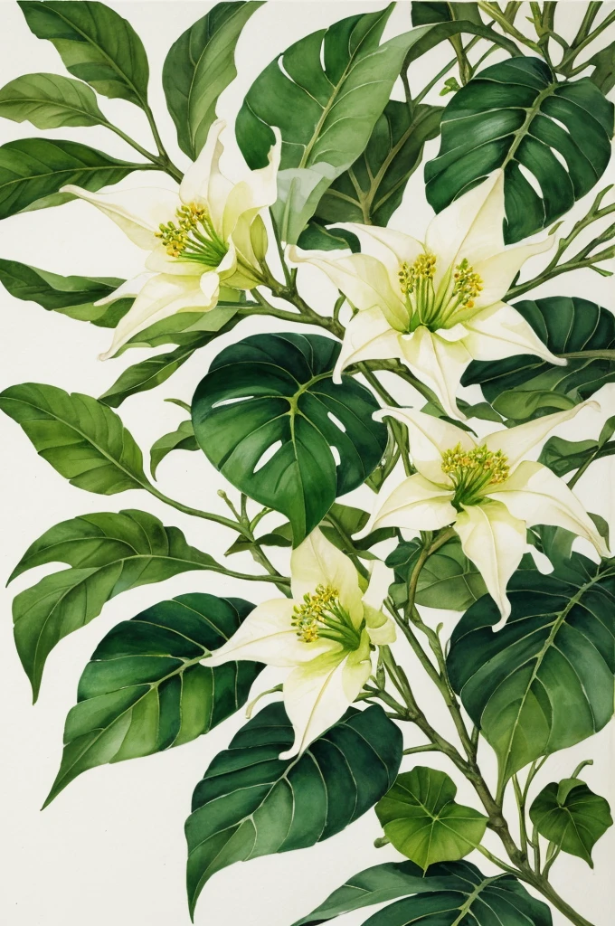 masterpieceof botanic illustration in watercolor on white paper of a pair of brugmansia flowers with a branch, an oval green fruit and some leaves