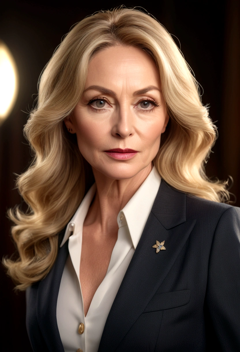 One mature woman, 50 years old、Supermodel body type、Beautiful woman in an elegant business suit, Pencil Skirt, Bust up shot、Detailed face, Fine grain, Detailed lips, Long eyelashes, Wavy blonde hair, (4K,8K,High resolution:1.2), Super detailed, Cinema Lighting, Dramatic Shadows,Rich texture, Fashion Photography, masterpiece, Highest quality, so beautiful, Absurd