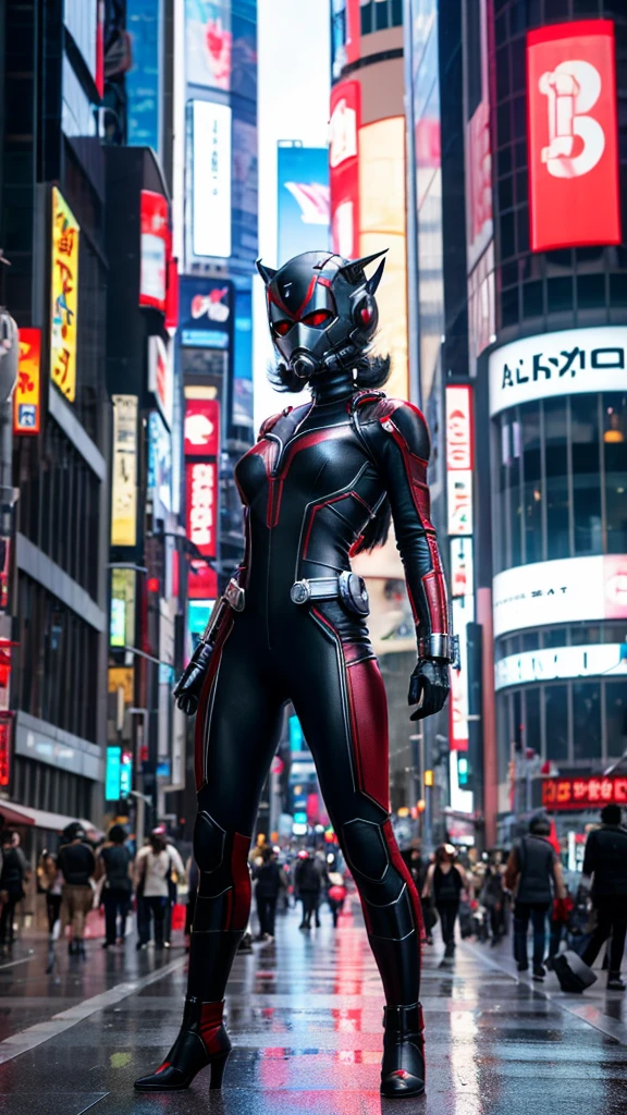 A beautiful black-haired woman transformed into Ant-Man and became gigantic, standing in the streets of Shibuya