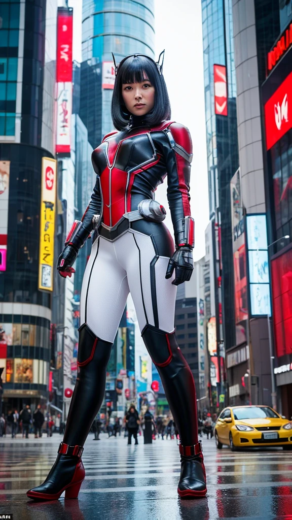 A beautiful black-haired woman transformed into Ant-Man and became gigantic, standing in the streets of Shibuya