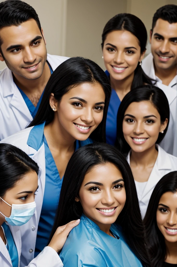 A black-eyed, black-haired Latina woman working as a dentist with several people beside her