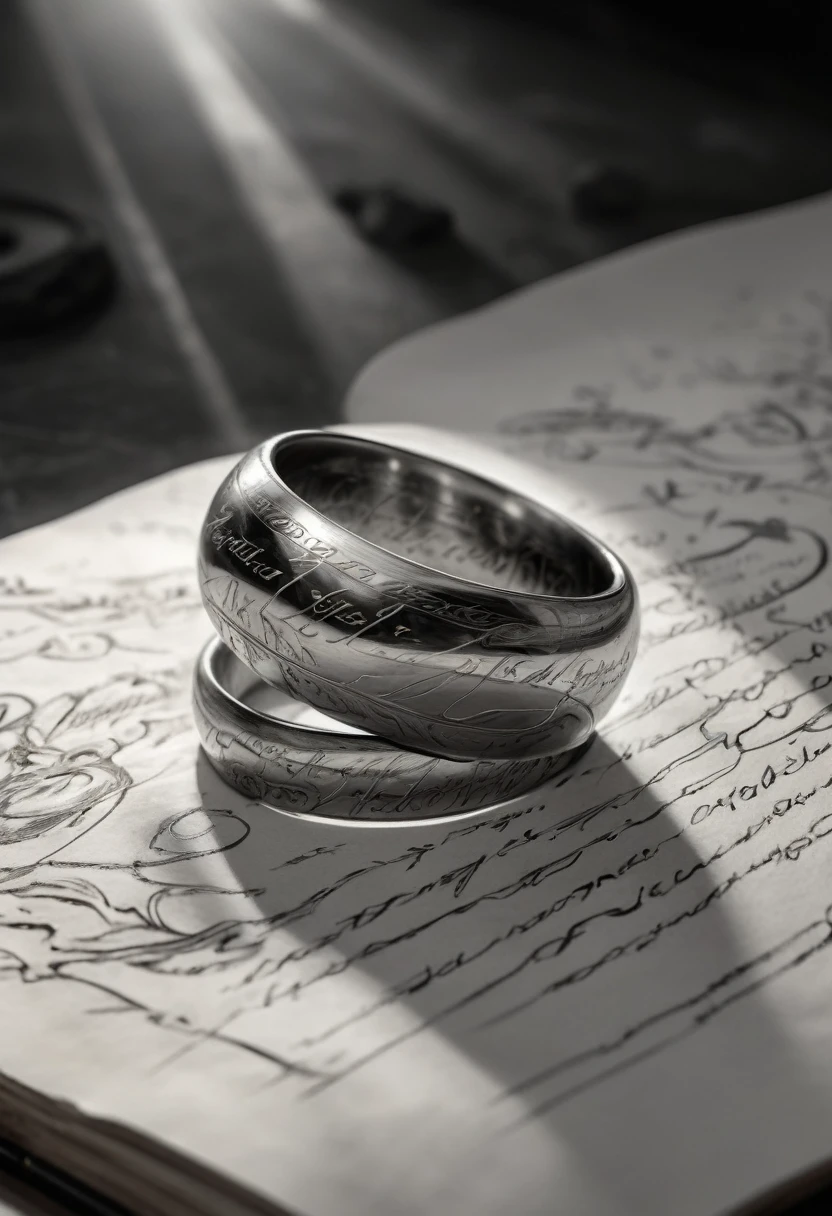stunning black and white graphite sketch of The Rings Of Power with Elven enscriptions on them, up close shot, from The Lord Of The Rings trilogy, in dynamic pose, by Anna Razumovskay, (by Alyssa s:1.1), by Joseph Lorusso, by Lilia Alvarado, beautiful lighting, sharp focus, 8k, high res, (pores:0.1), (sweaty:0.8), Masterpiece, Nikon Z9, Award - winning photograph, --ar 16:9 --style raw --stylize 750 --niji 6, perfect composition, beautiful detailed intricate insanely detailed octane render trending on artstation, 8 k artistic photography, photorealistic concept art, soft natural volumetric cinematic perfect, wide angle view