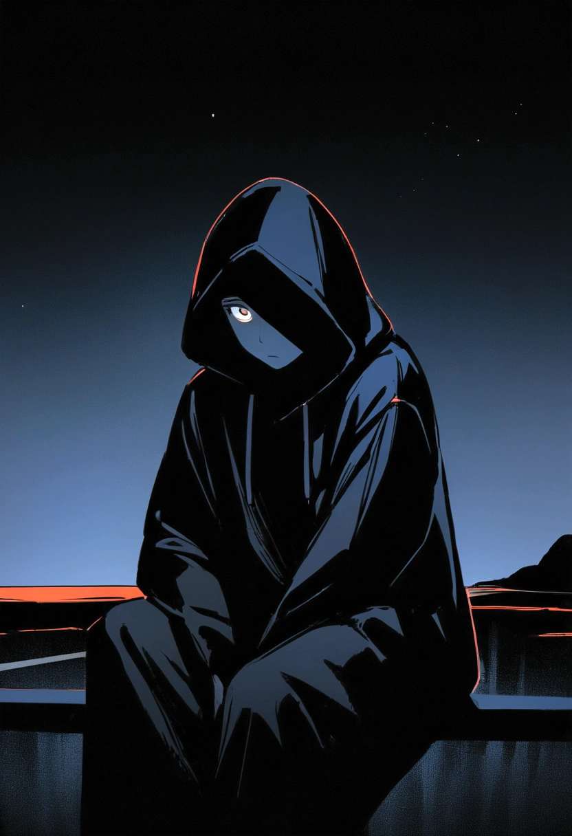 Thoughtful man in black hood, Person sitting on the side of the road at night, Think, with his face not visible, a background in contrast to it