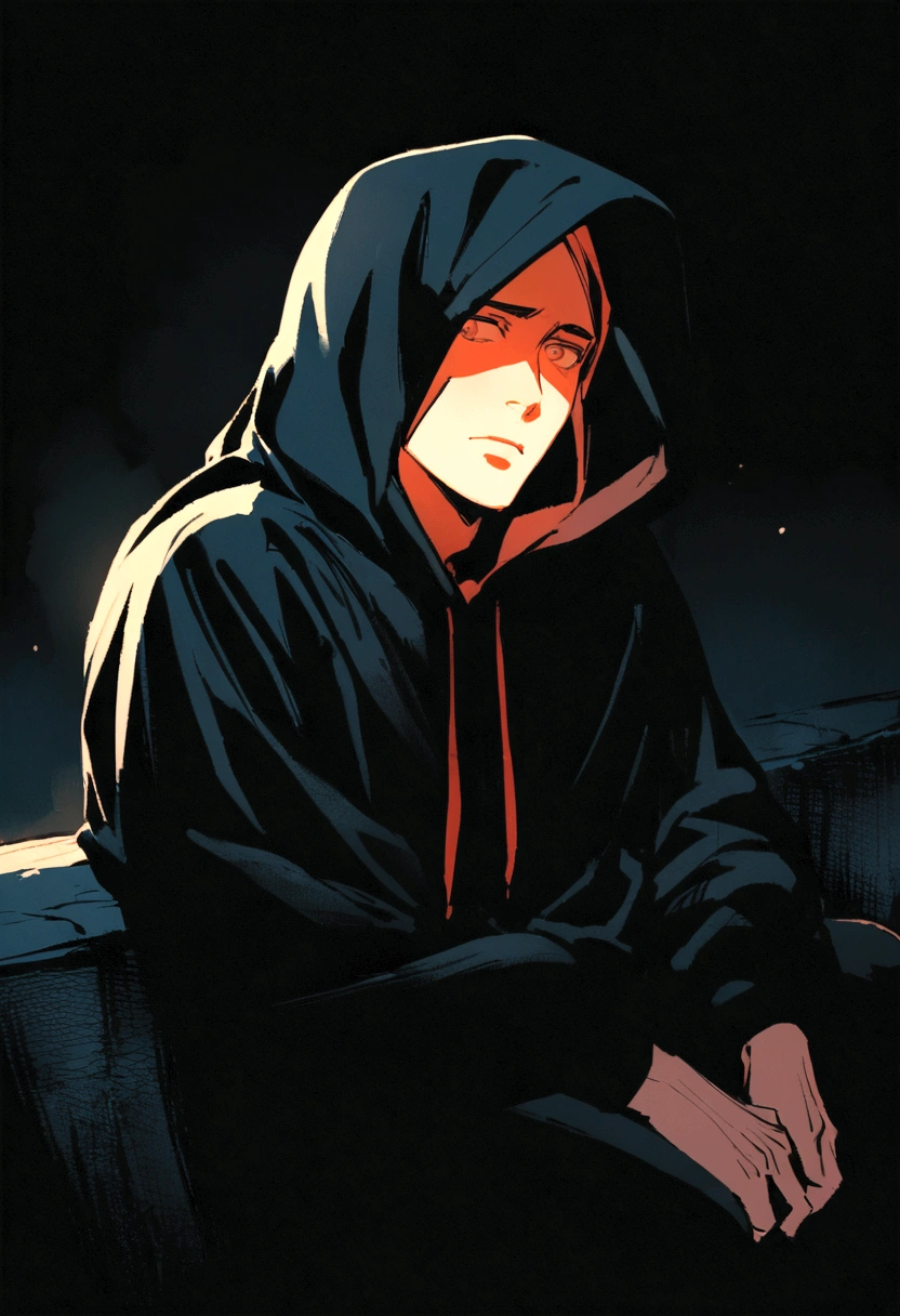 Thoughtful man in black hood, Person sitting on the side of the road at night, Think, with his face not visible, a background in contrast to it